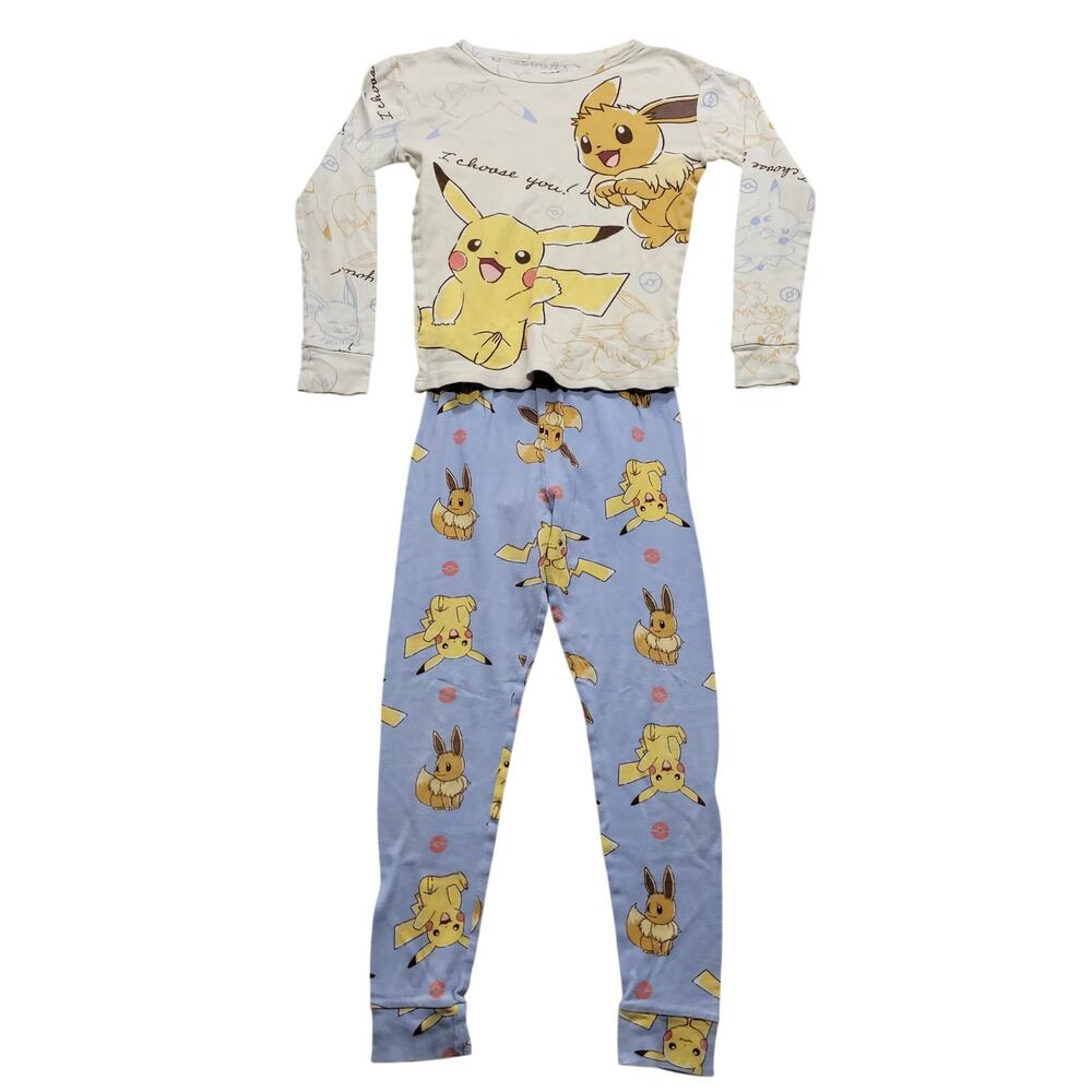 Pokemon Girls Size 10 Pajama Set Pikachu Eevee Long Sleeve Cotton PJs Blue